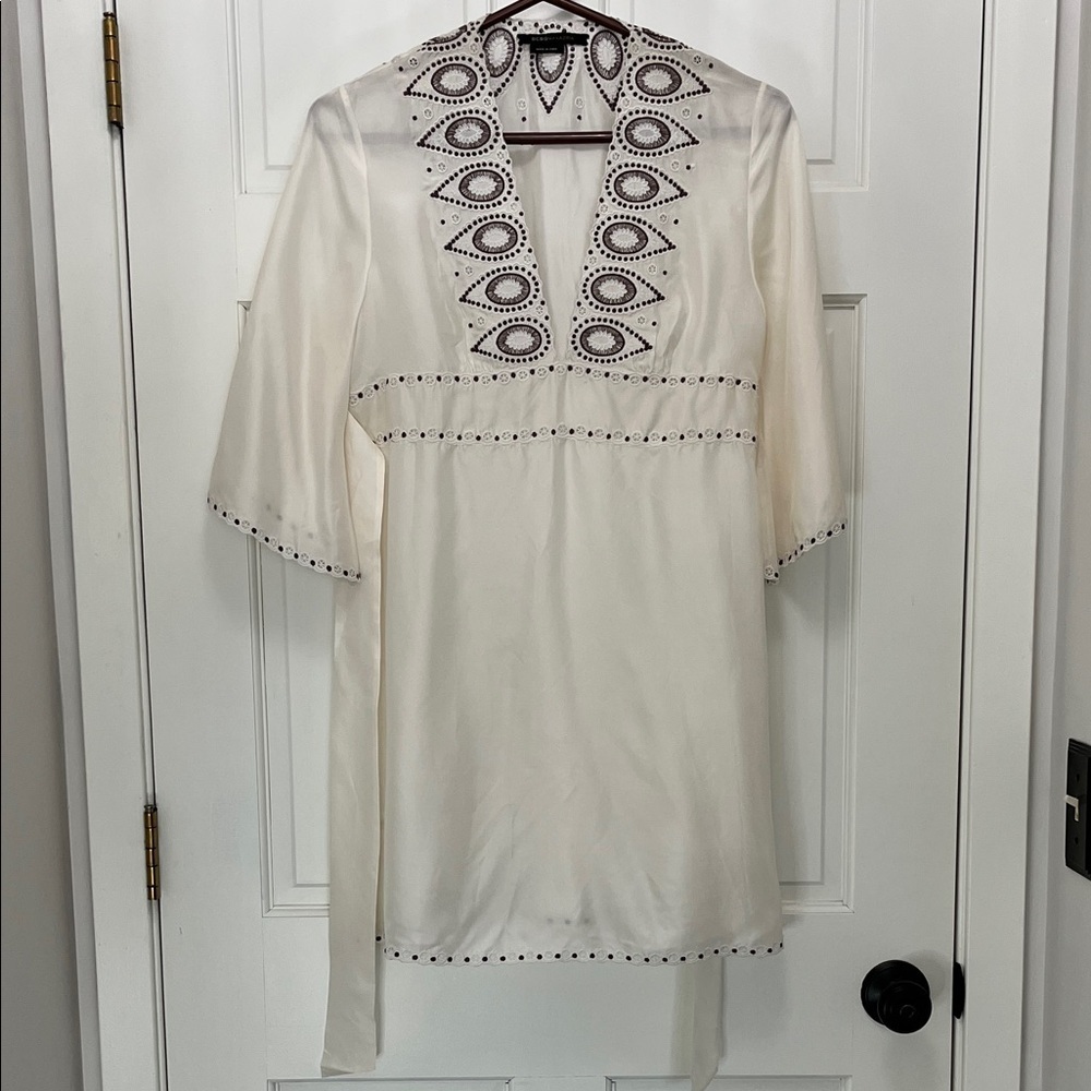 BCBGMaxAzria Silk Ivory Mini Slip Dress with Chocolate Brown Embroidery